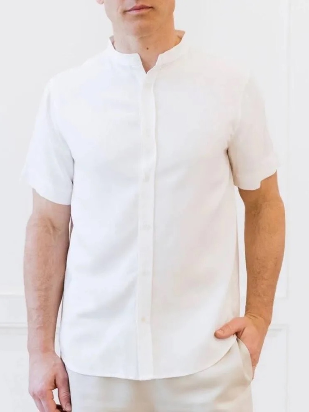 Men's White Short-Sleeve Mandarin Collar Button-Down Shirt